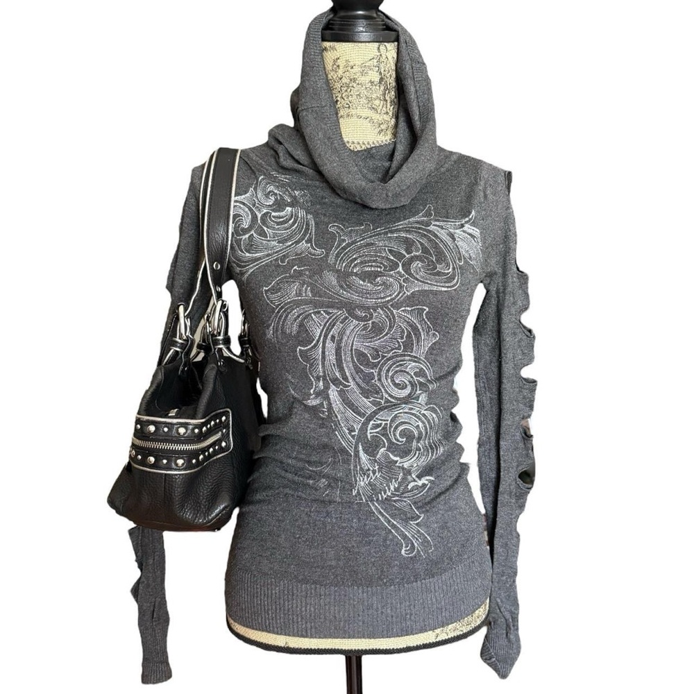 Y2K Gray Turtleneck Knit Graphic Print Cut-Out Sleeves Size S